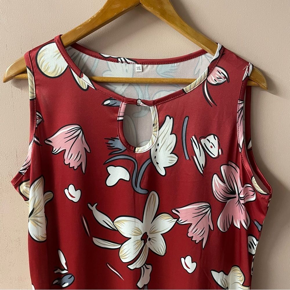 Sleeveless Floral Keyhole Dress - Red Pink - Picture 5 of 12
